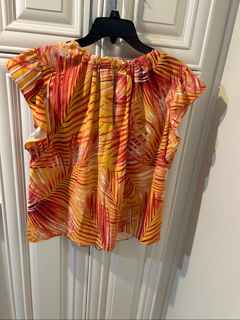 Nicole Miller Yellow & Red Tropical Print Ruffle Sleeve Blouse - Picture 2 of 2